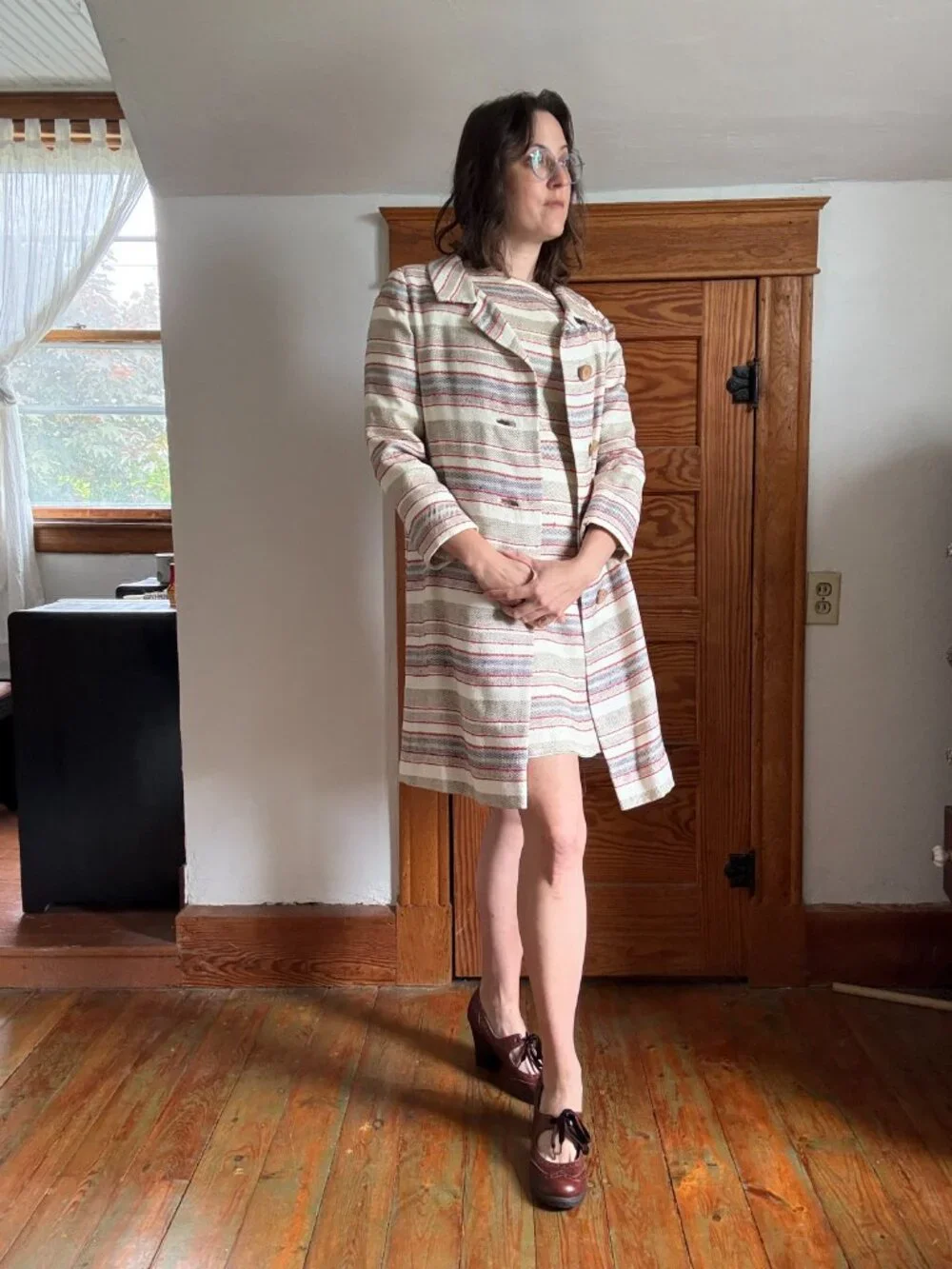 Vintage 70s Cream Stripe Dress + Coat Set | Matching Ensemble